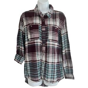 Treasure & Bond Boyfriend Burgundy plaid Rayon Blend Button Down Shirt
